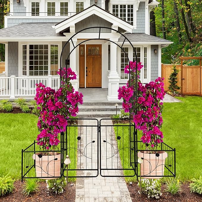 Metal Garden Arbor Arch with Gate and Plant Box, 86.6" H Garden Trellis Wedding Arch Party Decoration for Outdoor Lawn Climbing Plants Support Roses Vines