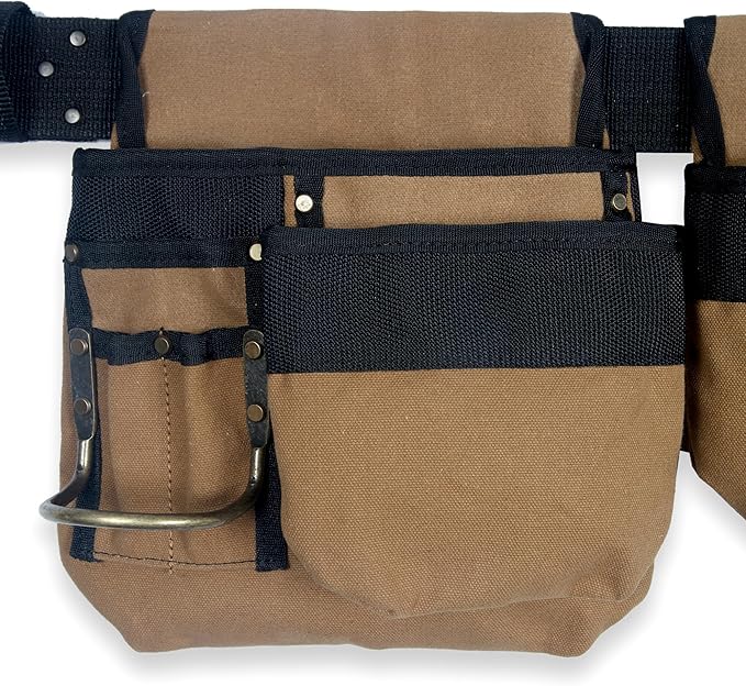 Style n Craft 4-Piece and 12-Pocket Carpenter’s Tool Combo, Tool Belt with 2 Tool Pouches, 1 Tape Measure Pocket, and 2 Metal Hammer Holders, Waterproof Canvas Tool Belt, Brown (97425)