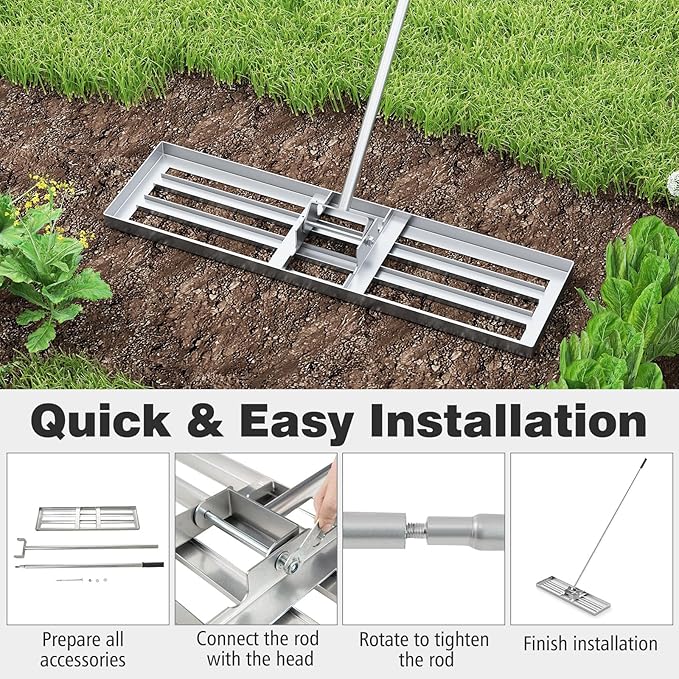 36" x 10" Lawn Leveling Rake, Heavy Duty Landscape Rake with 67" Handle, Non-Slip Grip & Flat Head, Space-Saving Lawn Level Tool for Garden, Backyard, Golf Course & Sports Field(Silver)