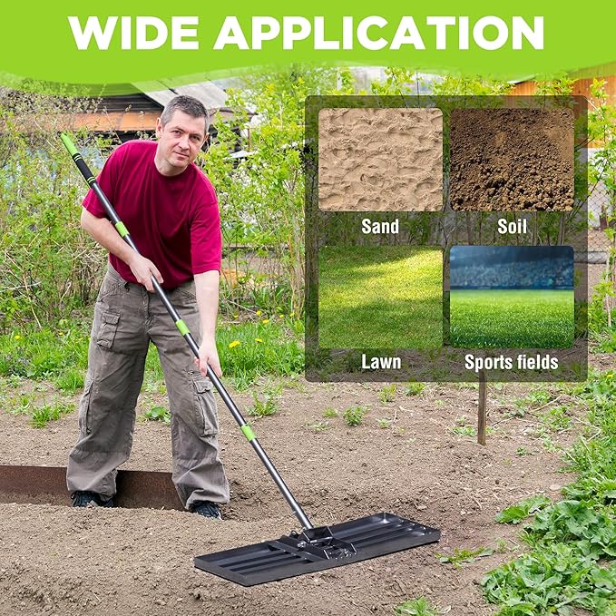 WORKPRO Lawn Leveling Rake, Heavy Duty Leveling Rake with 30” x 10” Ground Plate, Yard Leveling Rakes with 6FT Adjustable Handle, Metal Lawn Leveler for Garden, Backyard, Golf Course, Farm, Pasture