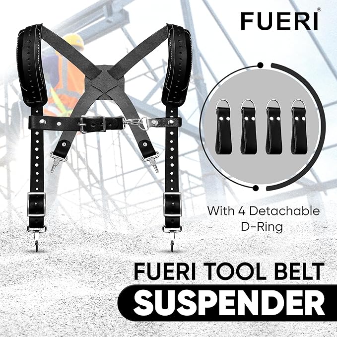 FUERI Tool Belt Leather Suspenders for Men Heavy Duty Bags Construction Carpenter Tools Electricians Framers