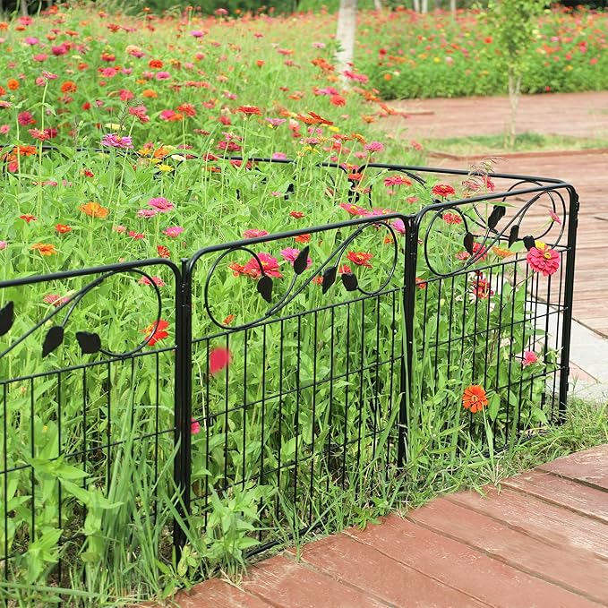 Decorative Metal Garden Fence 24in(H) X10ft(L) 5 Panels Leaf Black Rustproof Wire Border Fence for Landscape Patio Flower Bed Garden Fencing Panel Animal Barrier for Dogs