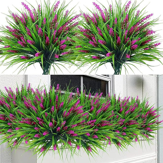 Sggvecsy 12 Bundles Artificial Plants Outdoor Faux Lavender Flowers Fake Monkey Grass UV Resistant Plastic Greenery Plants for Garden Home Porch Window Patio Hanging Planter Indoor Decor (Magenta)
