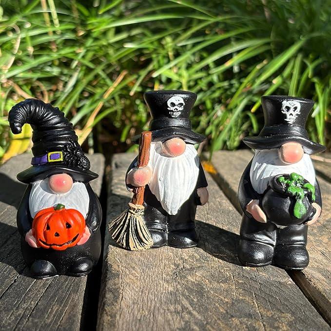 Dark Wizard Gnomes Set of 3 - Gothic Mini Figurines for Halloween, Christmas & Magic Party Decor, Shelf Sitters and Tiered Tray