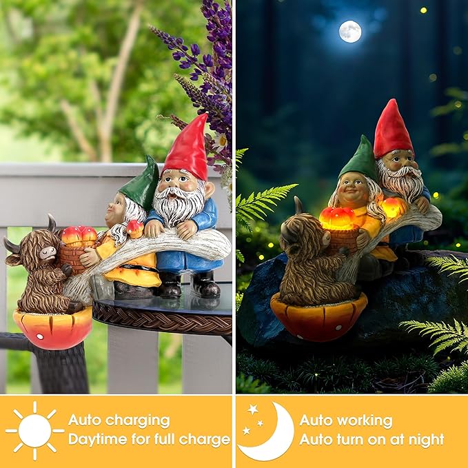 Garden Gnomes and Highland Cow Statue with Mushroom Solar Light, Couple Gnome Figurine for Outdoor Patio Lawn Porch Yard Edge Shelf Sitter Decoration, Garden Knome Holiday Indoor Decor, Love Gift