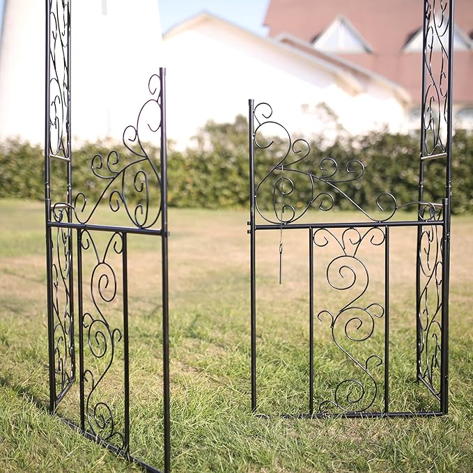 Steel 7'5'' High x 4'2'' Wide Garden Arch with Gate, Garden Arbor for Various Climbing Plant, Outdoor Garden Lawn Backyard