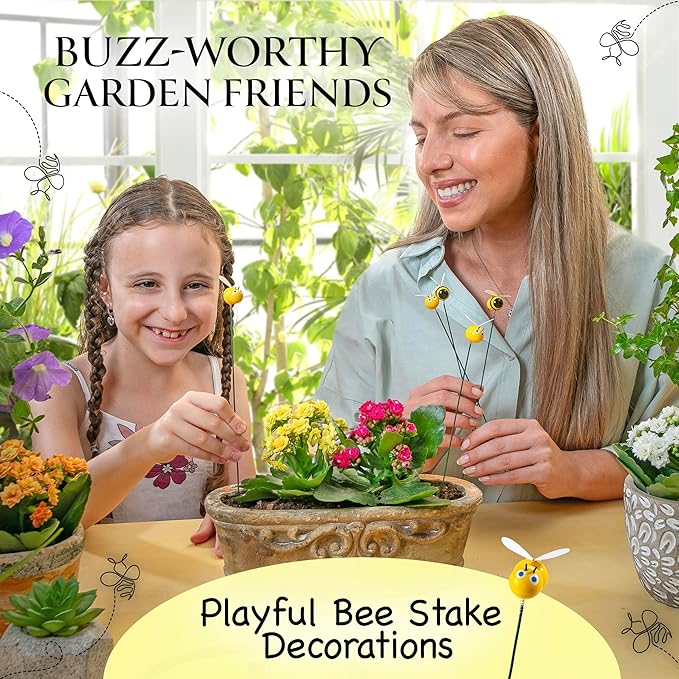 Handmade Bee Garden Stakes Set of 5 - Decorative Bumblebee Outdoor & Indoor Plant Decor - Nature Lover Gift Idea by Air Aquarium Kushner