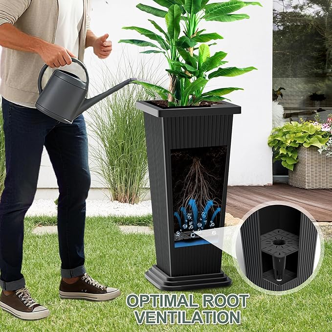 Tall Planters Set of 2, Large Indoor Outdoor Flower Pots with Tray Modern Tapered Planter for Patio, Garden, Porch, Backyard (Black Ribbed)