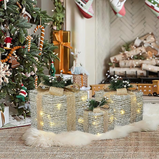 LuxenHome Set of 3 Lighted Gift Boxes, Battery Operated Silver Tinsel with Gold Ribbon Bow Boxes for Xmas, Lawn, Porch, Under Tree Indoor, Outdoor Christmas Decorations