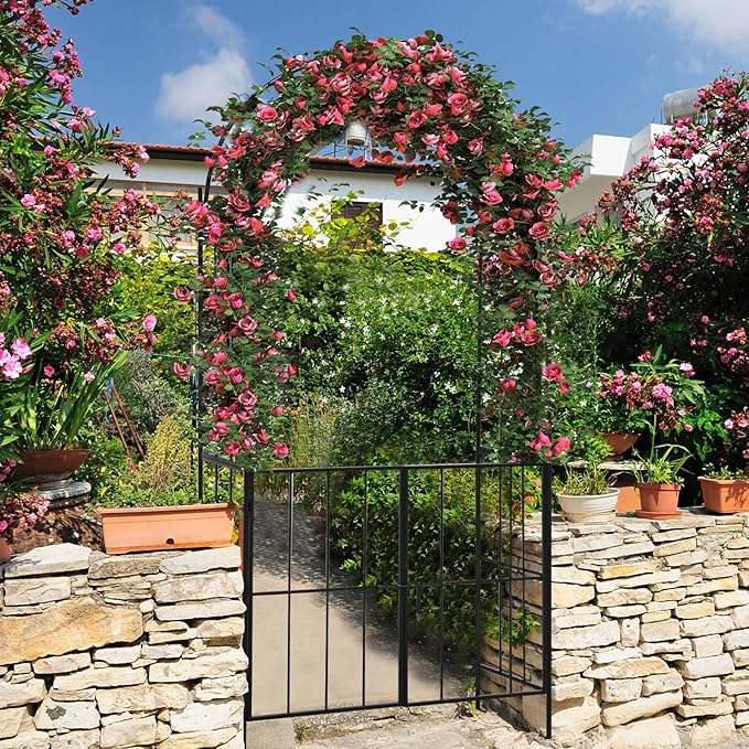 Giantex Garden Arbor Trellis with Door, 7.5FT Metal Garden Arch with Gate and Stakes for Climbing Plants Rose Vine, Arbors and Trellises Pergola for Lawn Patio Wedding Bridal Party Decoration