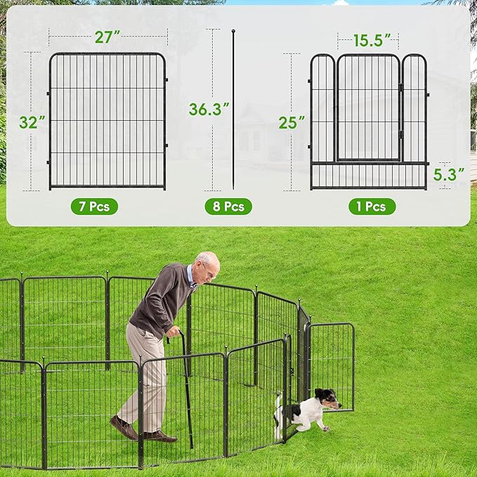 SPECILITE Garden Decorative Fence with Gate, 32in(H) X 27in(L) 8 Panels, No Dig Portable Animal Barrier, Dogs Pets Blocker, Heavy Duty Metal Protectors for Yard, Outdoor, Patio, Temporary, Backyard