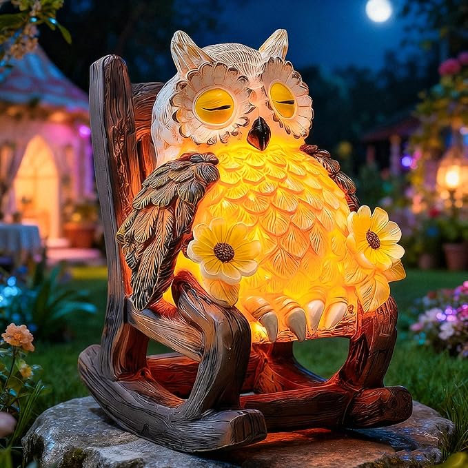 Light Up Owl on Chair Garden Sculpture, LED Solar Powered Owl Lying on The Chair Centerpiece, Cute Figurine Statue for Home Fireplace Outdoor Collection Decoration, 6x4.5x3.3 in
