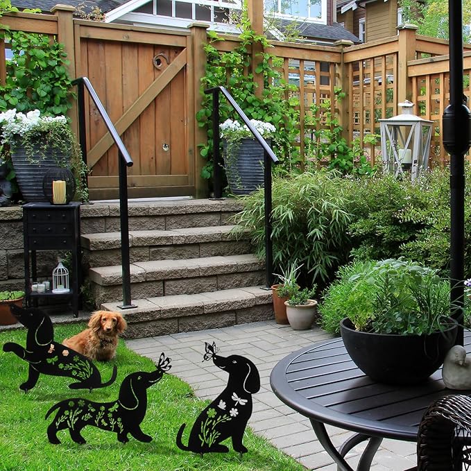 3 Pcs Metal Dog Garden Decor for Outside 12" Puppy Garden Stake Black Silhouette Statues Outdoor Decoration for Animal Lovers Gifts Women Men Patio Lawn Lawn Yard Art(Dachshund)