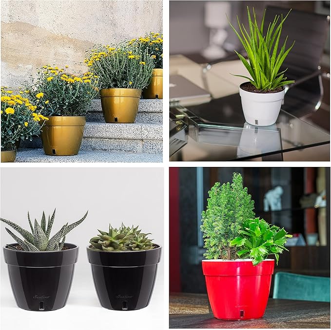 Santino ASTI 7.9 Inch Self Watering Planters Gold/Black (Set of 3) for Indoor Plants - Premium Quality Modern Plastic Pot w/Water Level Indicator for All House Plants, African Violets and Dahlias