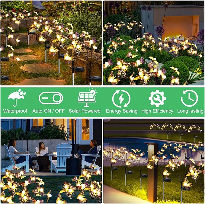 Solar Garden Butterfly Lights, 2 Pack 16 LED Solar Swaying Lights, Swaying in The Wind, Waterproof Firefly Light Outdoor Fairy Light for Garden Patio Yard Pathway Flower Bed Decoration