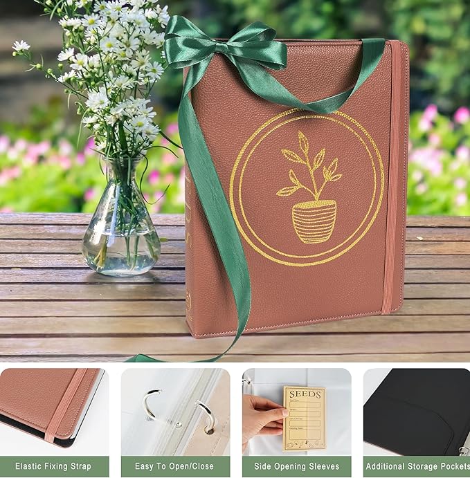 Seed Storage Binder for Gardeners – Seed Packet Organizer Binder with Side-Loading Sleeves, Dividers & Blank Seed Envelopes | Garden Seed Storage System Holds 100 Packets