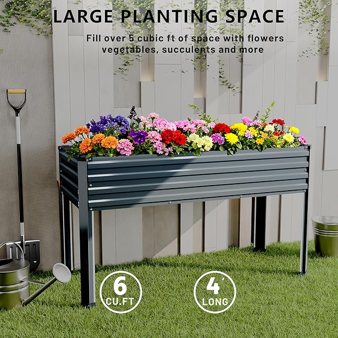 MGNO Galvanized Raised Garden Bed Outdoor with Legs,48×18×32in Metal Elevated Raised Planter Box for Backyard, Patio, Balcony, 300lb Capacity,Grey…