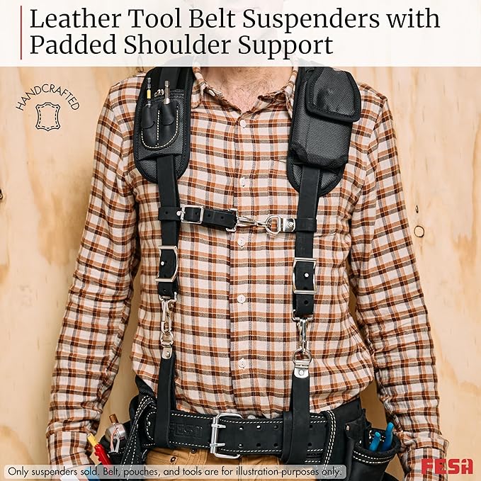 FESA Leather Tool Belt Suspenders for Men with Breathable Mesh Padding, Front Pockets & 4 Loops for Attachment to Work Belts