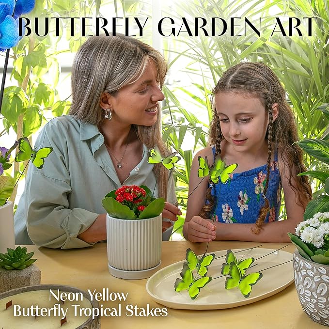 Handmade Yellow Butterfly Garden Stakes Set of 7 - Decorative Outdoor & Indoor Plant Decor - Nature Lover Gift Idea by Air Aquarium Kushner