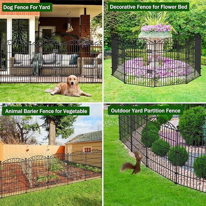 12 Panel Garden Fence with Gate - 36in H x 24ft L, No Dig Rustproof Metal Tall Animal Barrier for Dogs Rabbits, Decorative Outdoor Border for Yard, Patio, and Flower Beds