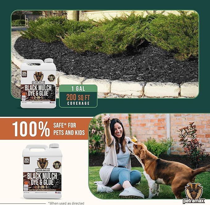 PetraMax Mulch Glue for Landscaping - Max Concentrate Weed Barrier, Non-Toxic Pea Gravel Binder, Rock Stabilizer for Landscaping - Dries Clear (Black Dye, 1G)