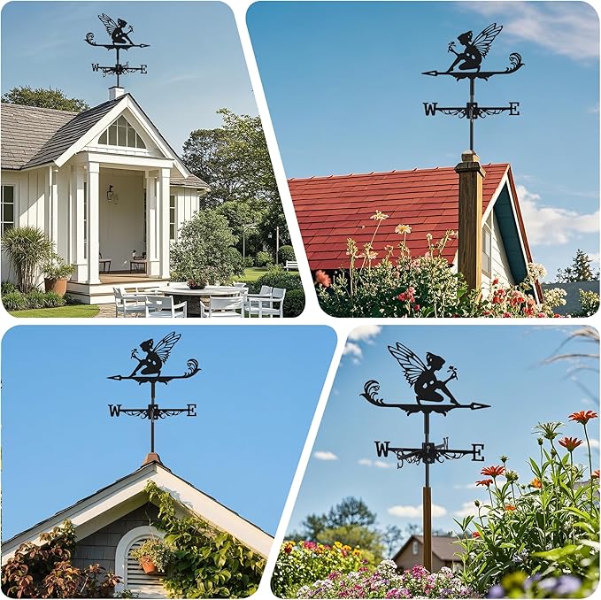 Fairy and Flower Weather Vane, Black Metal Weathervane Roof Mount, Wind Direction Indicators Wind Measuring Tool Outdoor, Wind Vane Ornament Decoration for Shed Garden Yard Farmhouse Patio Decor