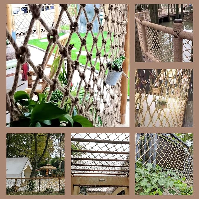 Safety Hemp Rope Net Kids Climbing Tree House Children Netting Balcony Stairs Fence Railing Garden Playground Protection Heavy Duty Indoor & Outdoor Decor Rope Net 8mm/8cm 3.3x32.8ft(1x10m)