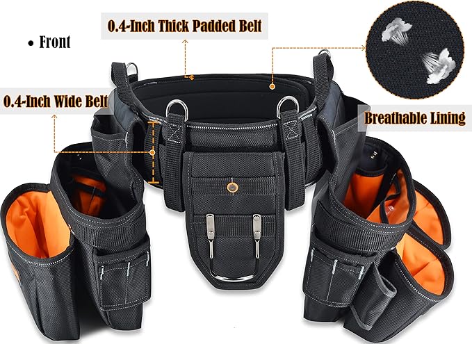 WELKINLAND 39Pockets Tool Belts for Men with Suspenders, 4" Padded Toolbelt, Tool Belt with Suspenders, Black W/Orange, One Size (38"-48")