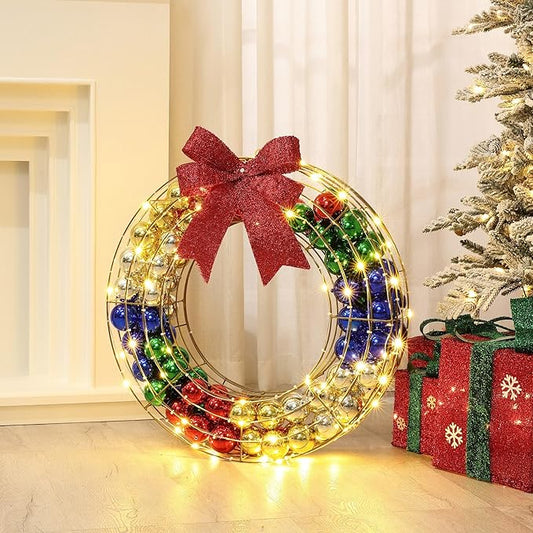 LuxenHome 24Inch Lighted Christmas Wreath, Christmas Outdoor Decorations, Large Wreath with Red Bow 188 LED Lights, Ornament Colorful Balls for Indoor, Lawn, Yard, Garden, Holiday Decor