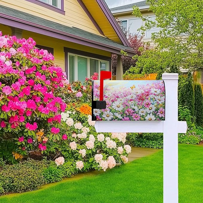 Pink Flower Mailbox Cover Summer Butterfly Mailbox Covers Magnetic Standard Size Spring Daisy Mail Box Wrap Colorful Floral Post Letter Box Cover 21x18 inch for Garden Farmhouse Outdoor Decoration