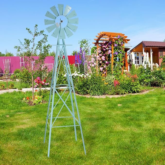VINGLI 8FT Ornamental Windmill Backyard Garden Decoration Weather Vane, Heavy Duty Metal Wind Mill w/ 4 Legs Design,Light Blue