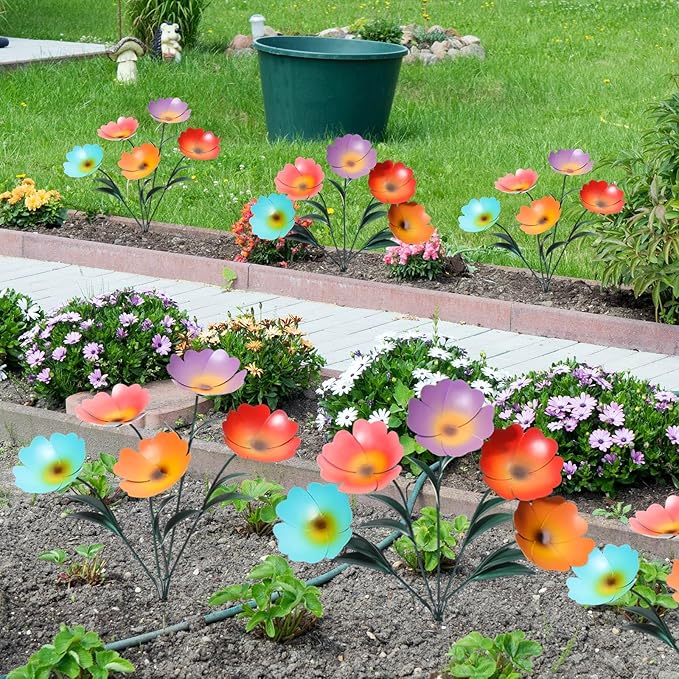2 Pack Metal Flowers for Outdoor, Decorative Garden Stakes Yard Art, Outdoor Spring Garden Stake Summer Decor Bouquet of Poppy Flower Rustic Handcrafted Items for Lawn Porch Fence(Colorful)