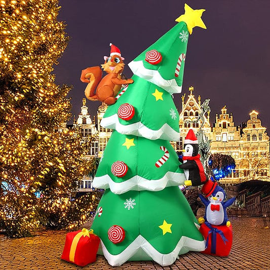 7FT Inflatable Christmas Tree Outdoor Decorations, Blow Up Christmas Tree with Penguins, Xmas Yard Decor with Built-in LED Lights for Indoor, Garden, Lawn, Holiday, Party