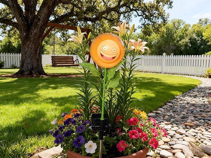 Single Pack Personified Bobble Face Wind Spinners Sunflower Solar Light Outdoor with Funny Smiling Face - Garden Decor Gift, Waterproof Auto-On/Off Pathway, Lawn, Yard Stake Light for Decorations