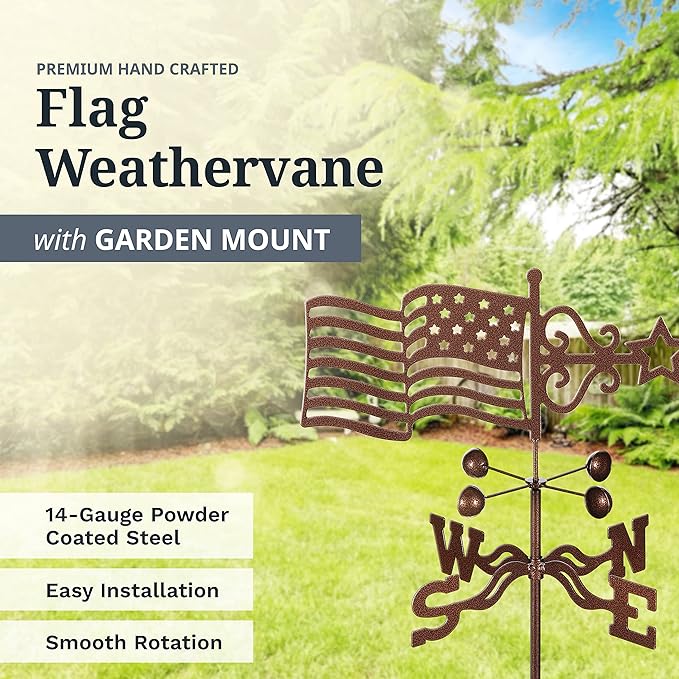 EZ Vane Steel USA Flag Weathervane 80” Height, Includes Metal Garden Mount, Wind Cups & Brackets | Hand-Crafted and Family-Owned, Made in The USA with Triple Powder Coating, Limited