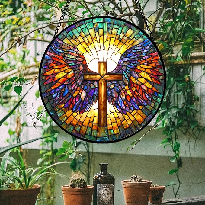 Stained Glass Window Hanging - Jesus Cross Wings Suncatcher Ready to Hang Window Doors Home Decoration and Christmas, Mother's Day Birthday Gifts for Women, Men, and Mom 14.9x14.9 in