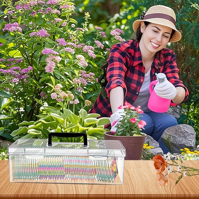 GRETJOB Seed Organizer Storage Box - Clear Plastic Seed Packet Keeper with Secure Lids (14x4.2x4.7in) (1 Pack)