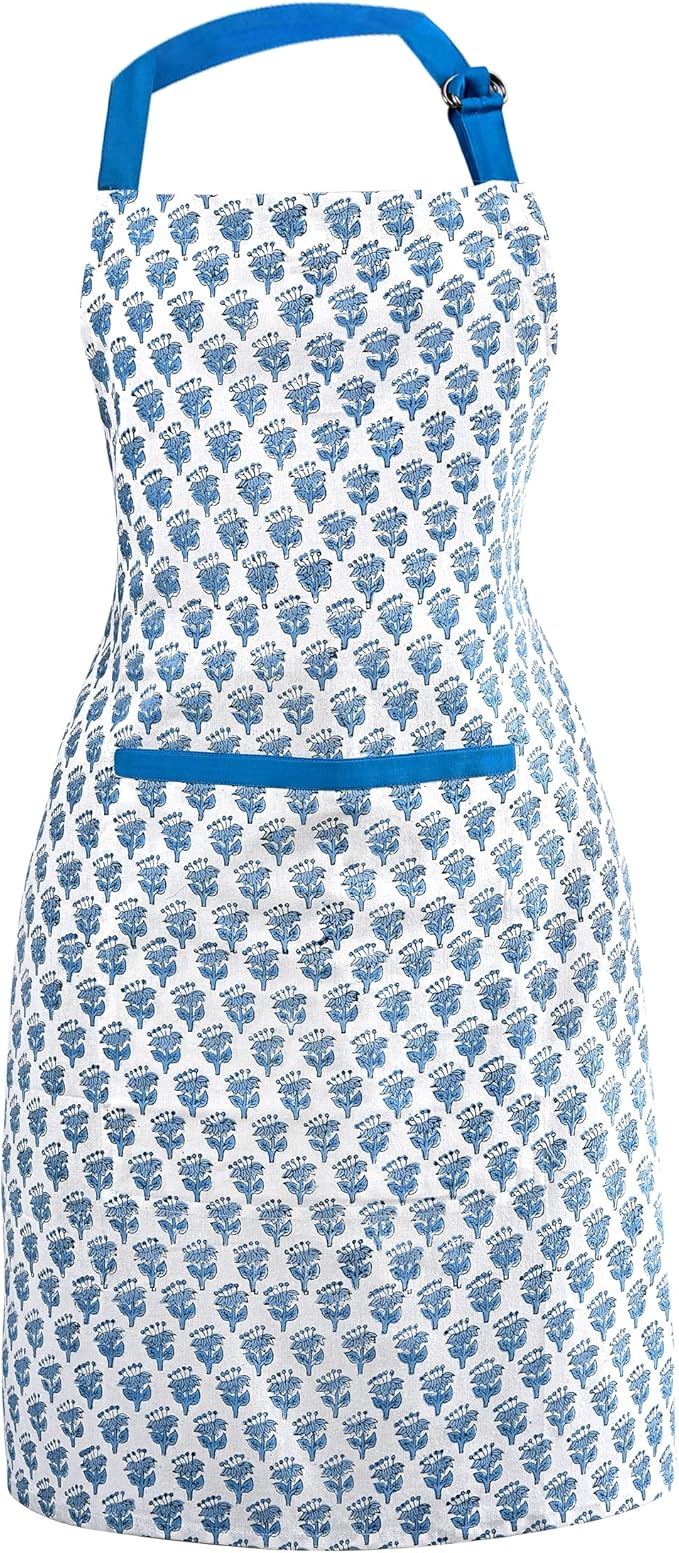 CPC Cotton Floral Kitchen Apron for women with Pocket and Adjustable Neck Ties. Apron for Women Men Chef-Hand Block Printed