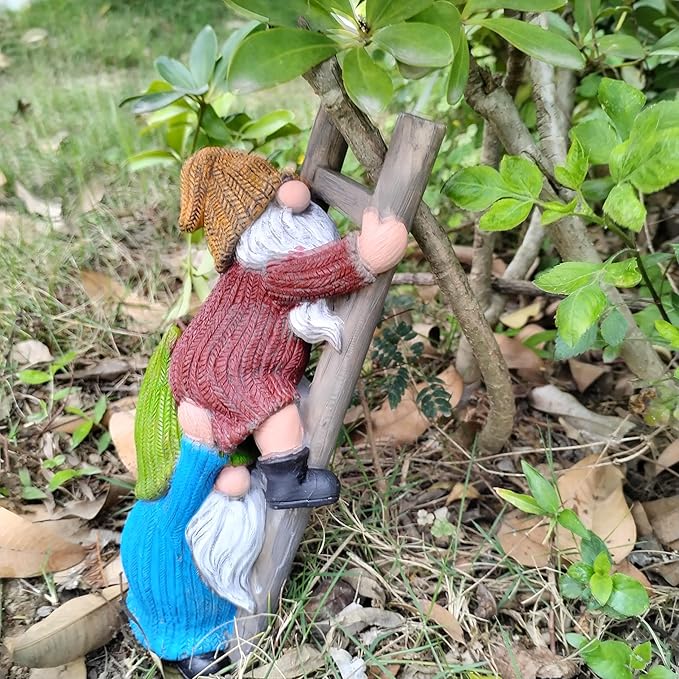 Garden Gnome Statue, Funny Climbing Ladder Gnomes Figurine Resin Sculpture Outdoor Decor for Patio Yard Lawn Porch Ornaments Gift