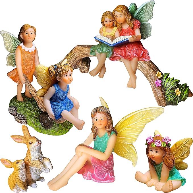Mood Lab Fairy Garden - Miniature Family Kit Figurines & Accessories - Fairies Statue Set of 6 pcs - Outdoor or House Decor