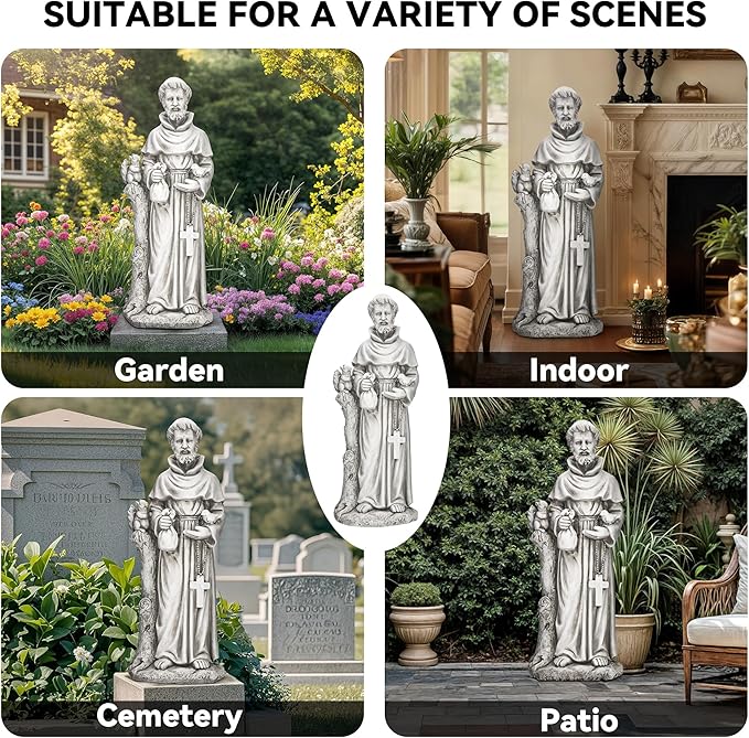 St Francis Garden Statue, 31" Saint Francis Catholic Outdoor Statues, Large Religious Christian Sculpture Deor for Prayer and Meditation, Patron Saint of Animals Patio in Magnesium Oxide Stone