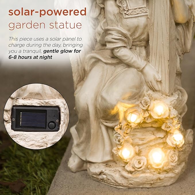 Alpine Corporation KGD574SLR Solar Angel Holding Cross Statue with LED Lights, Sentimental Decor for Garden, 14" H, White