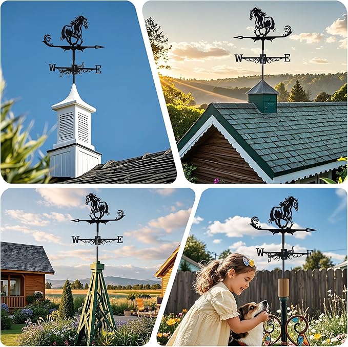 Black Metal Weathervane,Stainless Steel Horse Weather Vane Roof Mount, Wind Direction Indicators Wind Measuring Tool Outdoor, Wind Vane Ornament Decoration for Shed Garden Yard Farmhouse Patio Decor