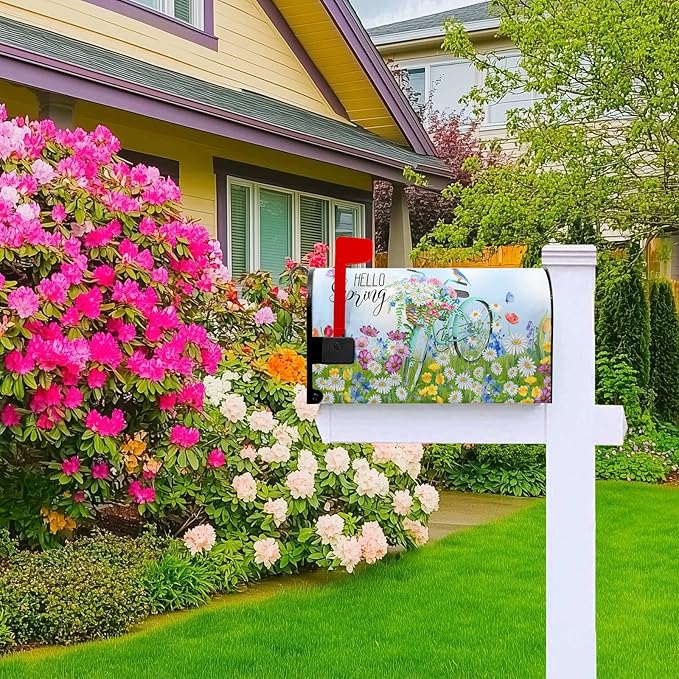 Hello Spring Mailbox Cover - Daisy Mailbox Covers Magnetic Standard Size 21x18 in - Beautiful Floral Bicycle - for Outside Garden Decoration