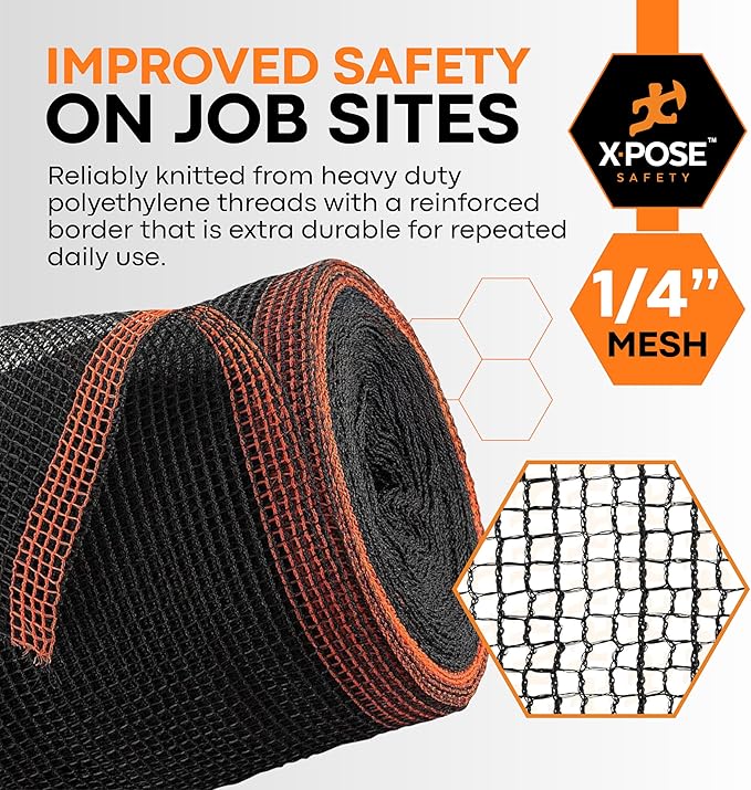 Xpose Safety Construction Safety Debris Netting - 150 Ft Temporary Material Roll, 1/4" Mesh Scaffold Net Enclosure, Visibility Barrier, Fencing Roll, Heavy Duty Fire Retardant 4 ft x 150 ft, Black