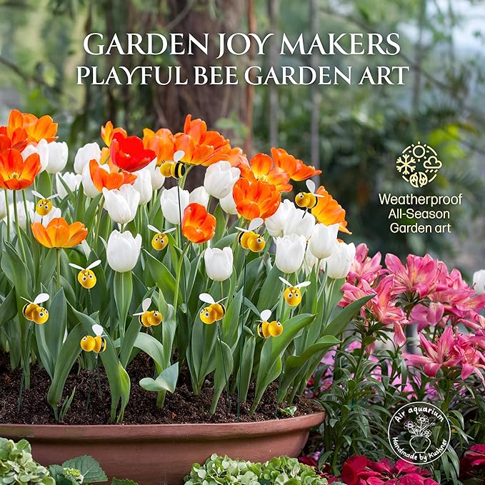 Handmade Bee Garden Stakes Set of 5 - Decorative Bumblebee Outdoor & Indoor Plant Decor - Nature Lover Gift Idea by Air Aquarium Kushner