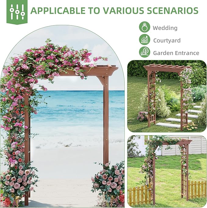 Outdoor Wooden Arch Pergola for Garden, Backyard, Patio & Wedding (Dark Brown, 63" W x 85.5" H)
