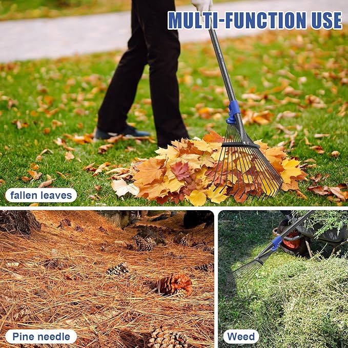 Adjustable Leaf Rake, 67” Long Handle Garden Rakes for Lawns Leaves with Expandable Head 8-17", Yard Women Kids Rake for Gardening RV Camping