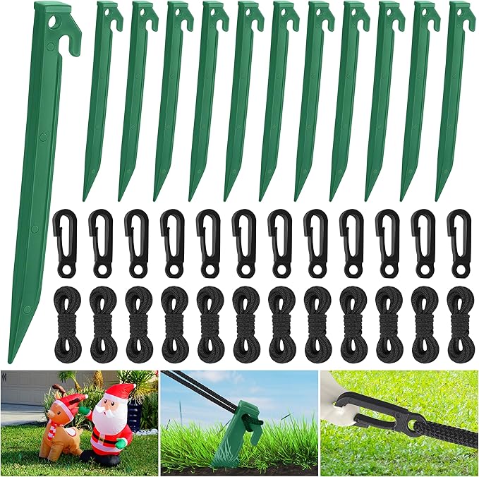 Aodaer 36 Pieces Plastic Inflatable Stakes Set Heavy Duty Halloween Christmas Yard Stake with Ropes and Hooks Anchoring Ground Stake for Xmas Garden Inflatables Accessories, Green
