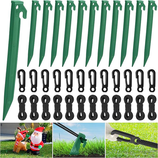 Aodaer 36 Pieces Plastic Inflatable Stakes Set Heavy Duty Halloween Christmas Yard Stake with Ropes and Hooks Anchoring Ground Stake for Xmas Garden Inflatables Accessories, Green